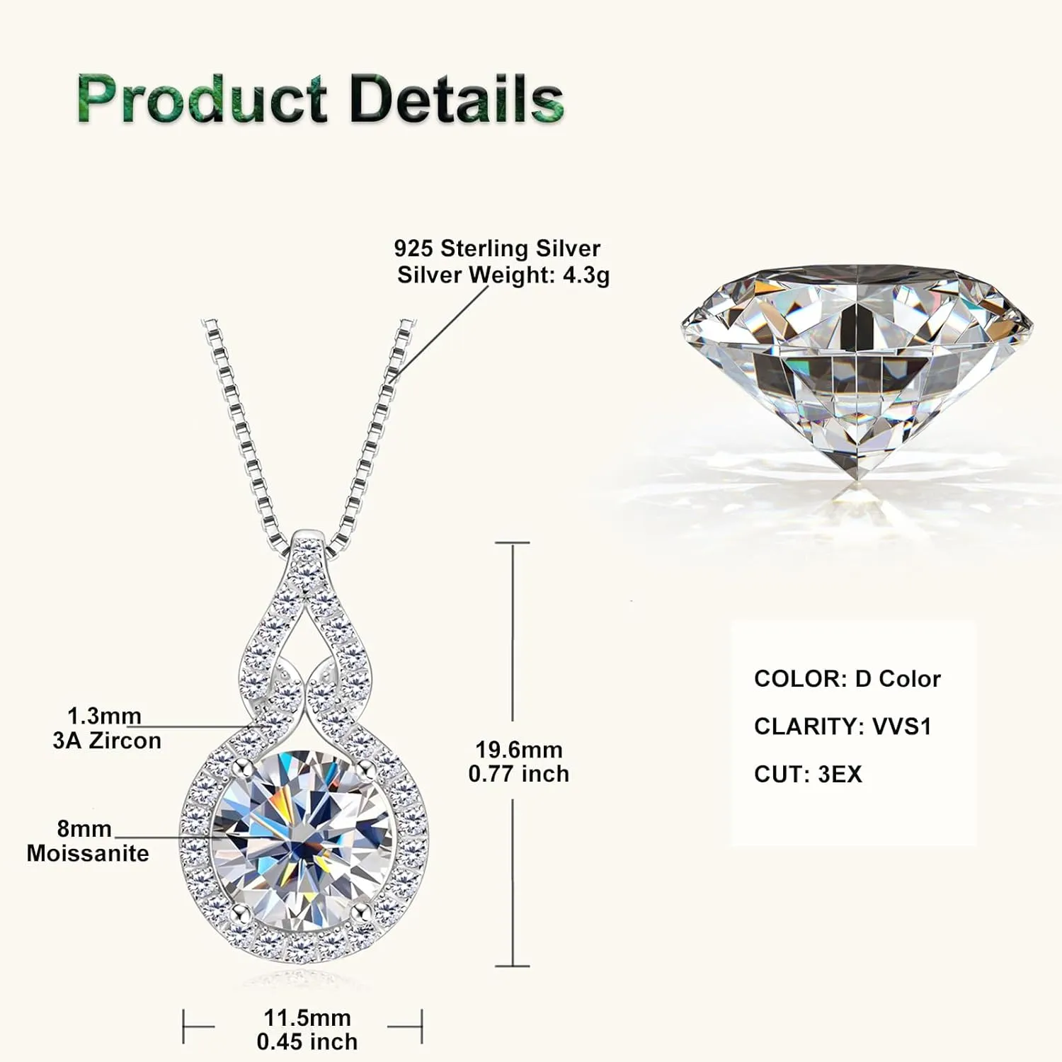 1-3CT Moissanite Infinity Pendant Necklace for Women, D Color VVS1 Clarity 925 Sterling Silver Gourd Pendant Gift for Mom Wife Birthday Wedding Jewelry