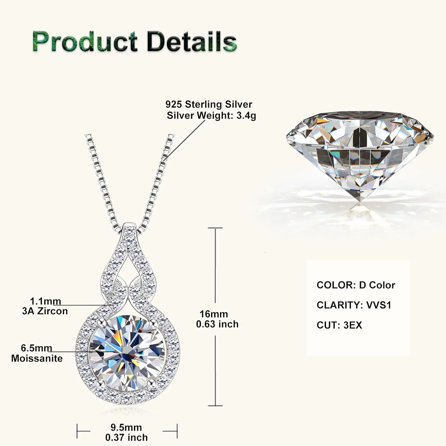 1-3CT Moissanite Infinity Pendant Necklace for Women, D Color VVS1 Clarity 925 Sterling Silver Gourd Pendant Gift for Mom Wife Birthday Wedding Jewelry