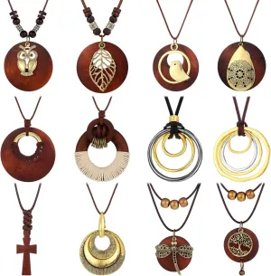 12 Pcs Long Wooden Boho Necklaces Jewelry for Women Long Necklaces Wooden Pendant Handmade Bohemian Boho Vintage Wood Necklace Hippie Jewelry