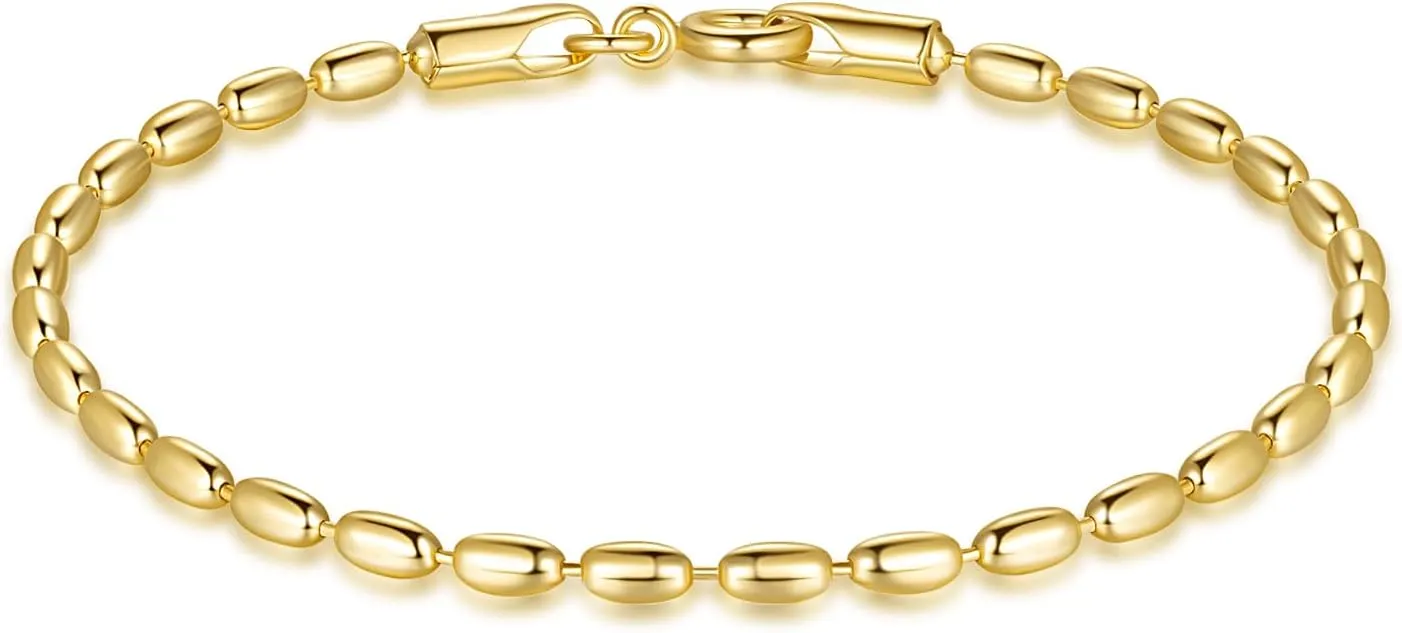 14K Gold Bracelets for Women Bracelets for Men Dainty Bead Chain Bracelet Charm Bracelet for Women Spring Ring Clasp (6.5/7/7.5/8/9 in)