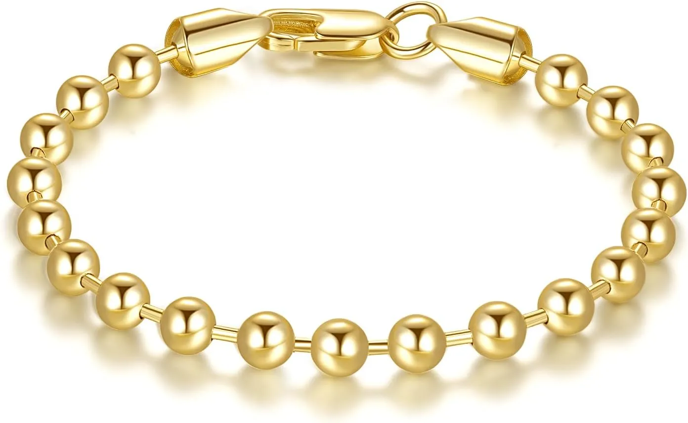14K Gold Bracelets for Women Bracelets for Men Simple 5mm Bead Chain Bracelet for Women Gold Jewelry Presents for Men 6.5/7/7.5/8/9in (8in)