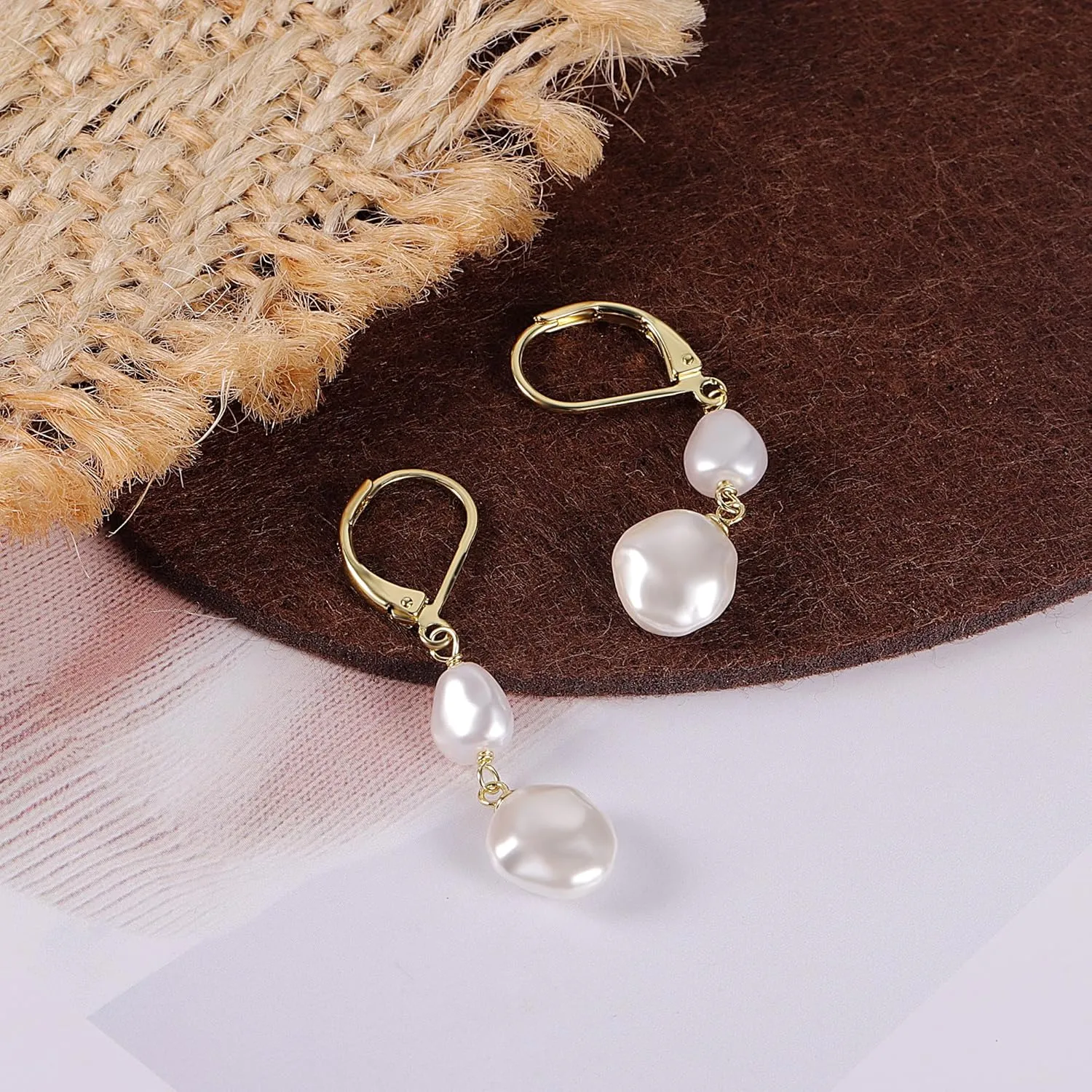 14K Gold Pearl Dangle Earrings for Women925 Sterling Silver Double Pearl Drop EarringsLeverback Irregular Pearl Hypoallergenic Earrings