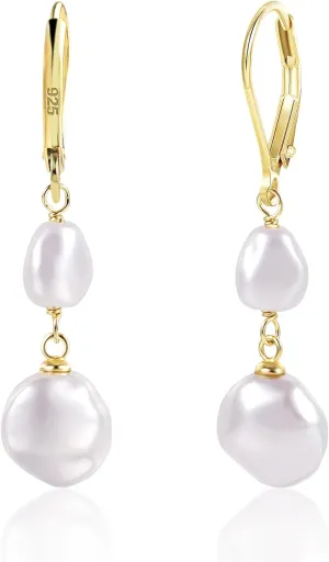 14K Gold Pearl Dangle Earrings for Women925 Sterling Silver Double Pearl Drop EarringsLeverback Irregular Pearl Hypoallergenic Earrings