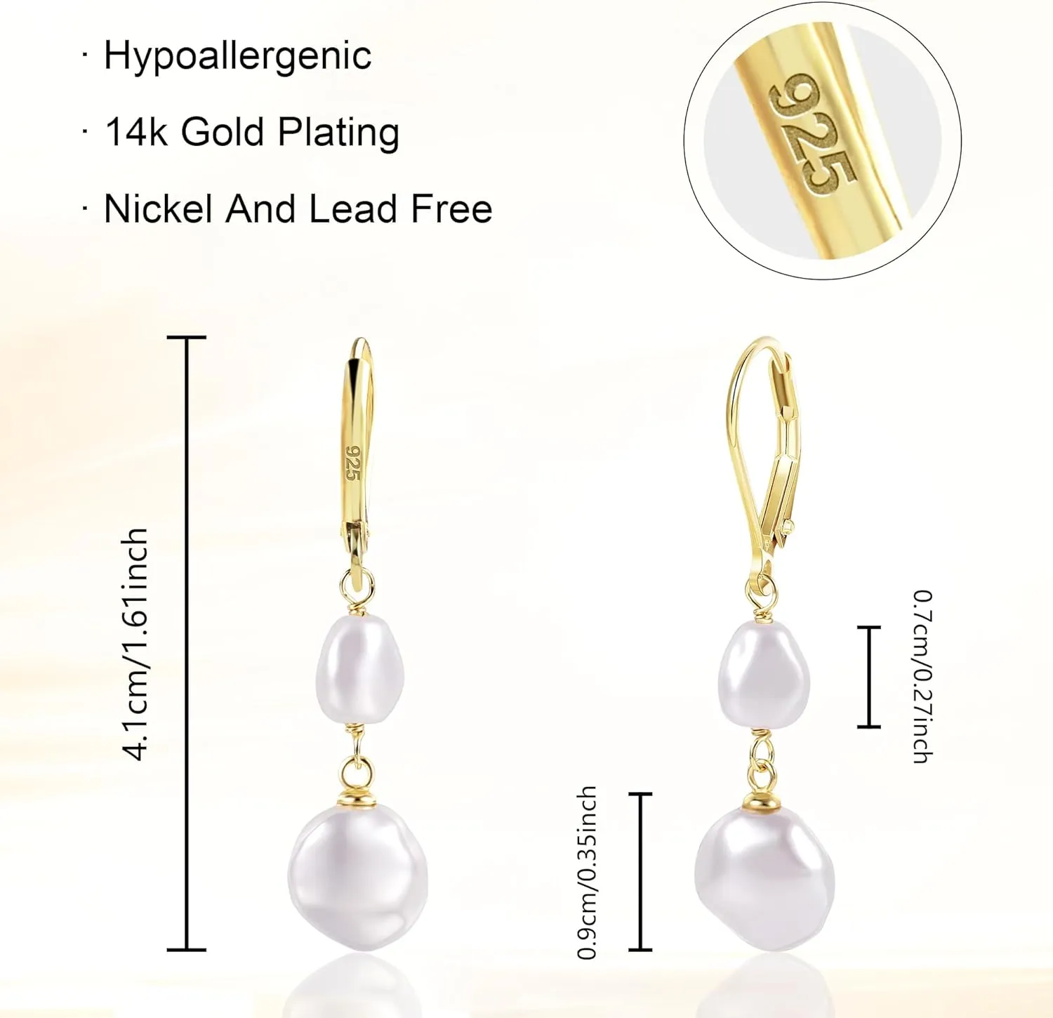 14K Gold Pearl Dangle Earrings for Women925 Sterling Silver Double Pearl Drop EarringsLeverback Irregular Pearl Hypoallergenic Earrings