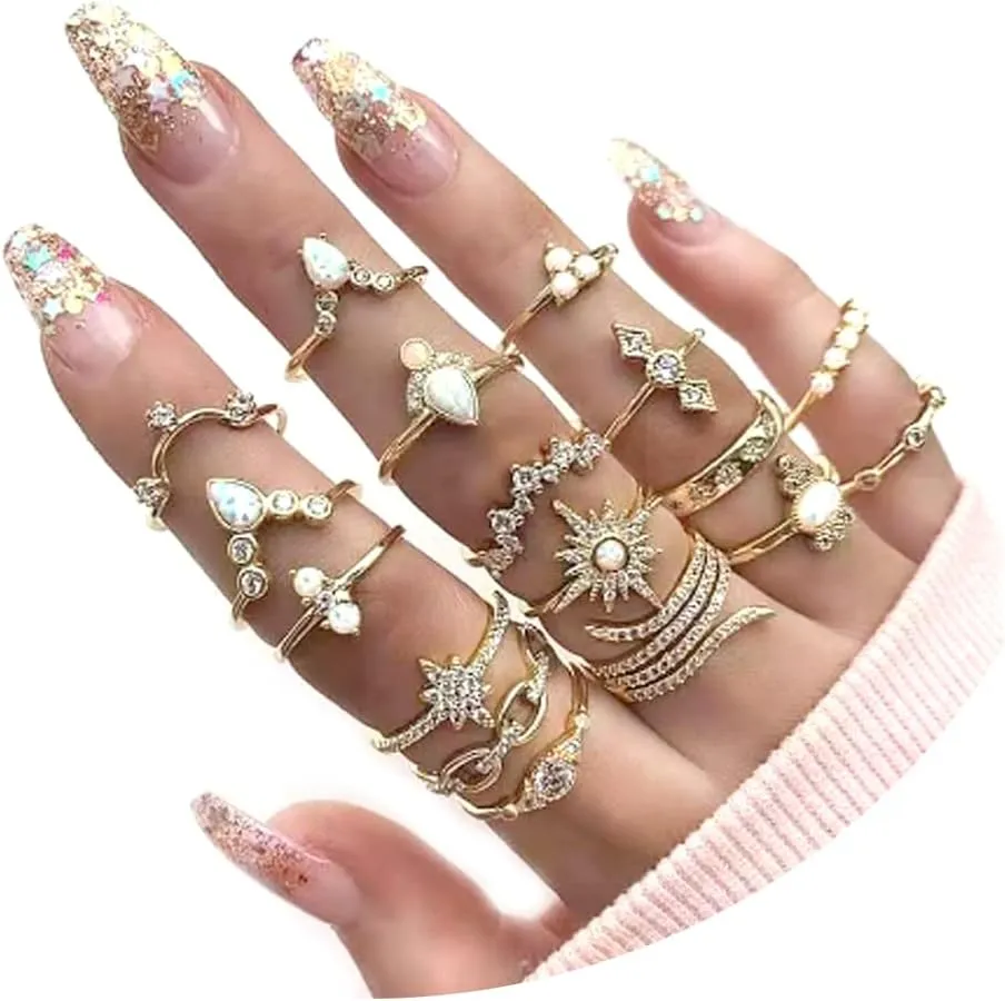 15PCS Knuckle Stacking Rings Set for Women Vintage Rhinestone Finger Statement Ring Sets Simple Carved Stackable Ring