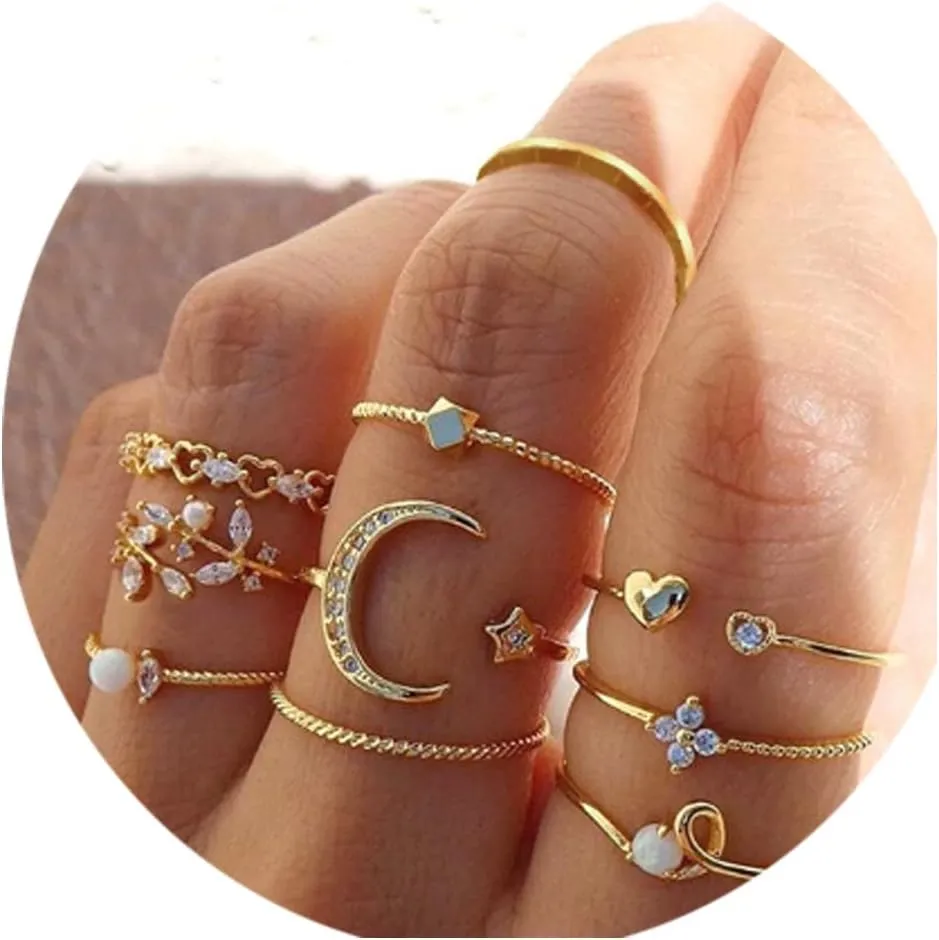 15PCS Knuckle Stacking Rings Set for Women Vintage Rhinestone Finger Statement Ring Sets Simple Carved Stackable Ring