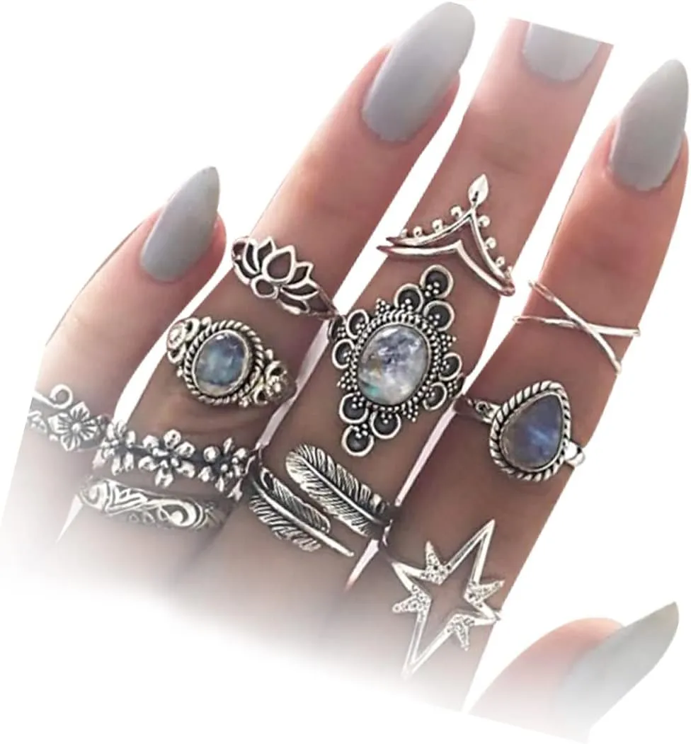 15PCS Knuckle Stacking Rings Set for Women Vintage Rhinestone Finger Statement Ring Sets Simple Carved Stackable Ring(silver 1)