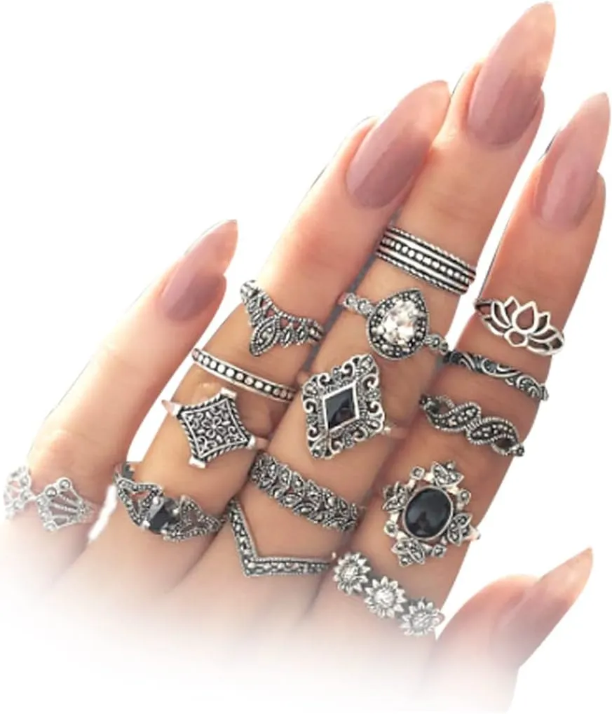 15PCS Knuckle Stacking Rings Set for Women Vintage Rhinestone Finger Statement Ring Sets Simple Carved Stackable Ring(silver 2)