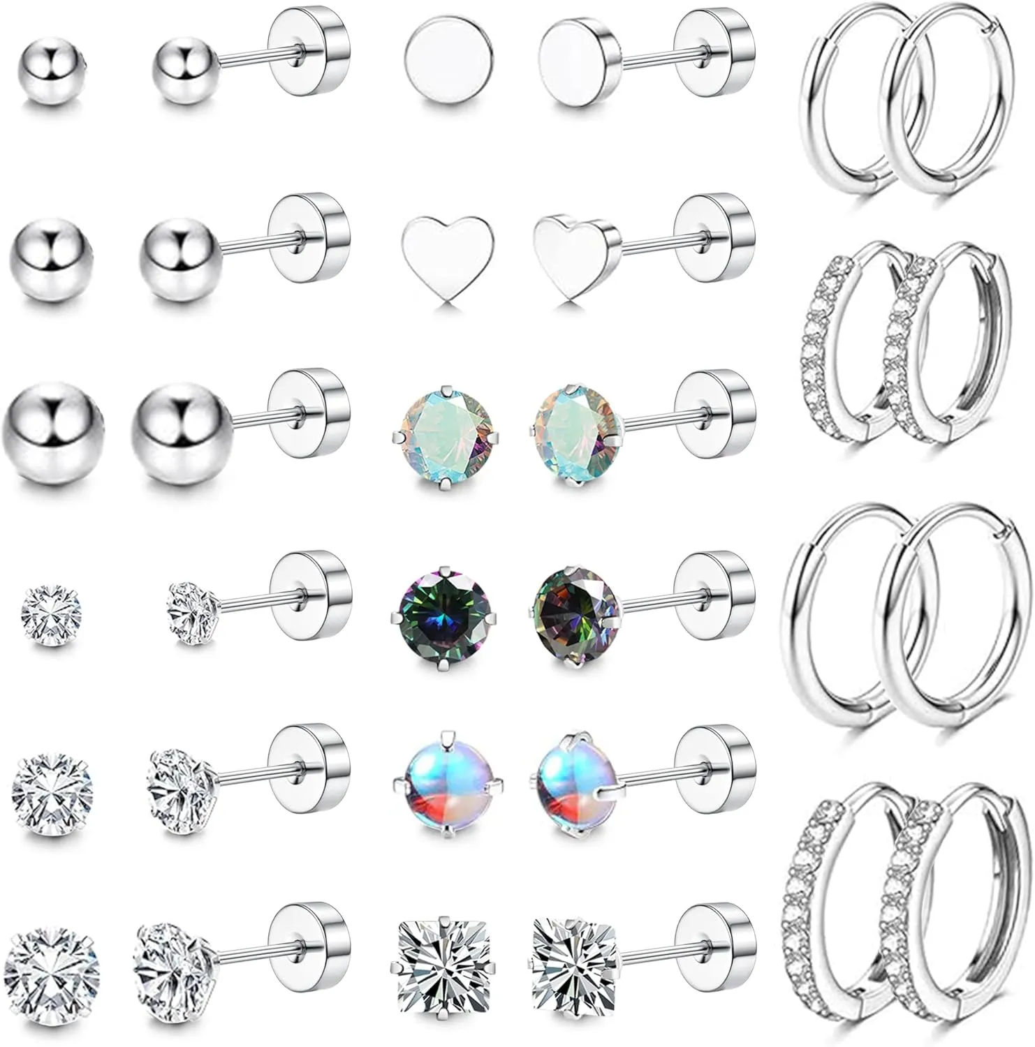 16 Pairs Surgical Steel Flat Back Earrings Set for Multiple Piercing Sensitive Ears Cartilage Hypoallergenic Earrings Small Huggie Hoop Earrings CZ Ball Stainless Steel Stud Earrings for Women Men
