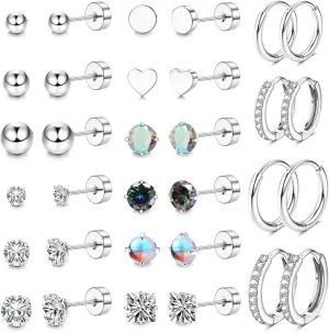 16 Pairs Surgical Steel Flat Back Earrings Set for Multiple Piercing Sensitive Ears Cartilage Hypoallergenic Earrings Small Huggie Hoop Earrings CZ Ball Stainless Steel Stud Earrings for Women Men