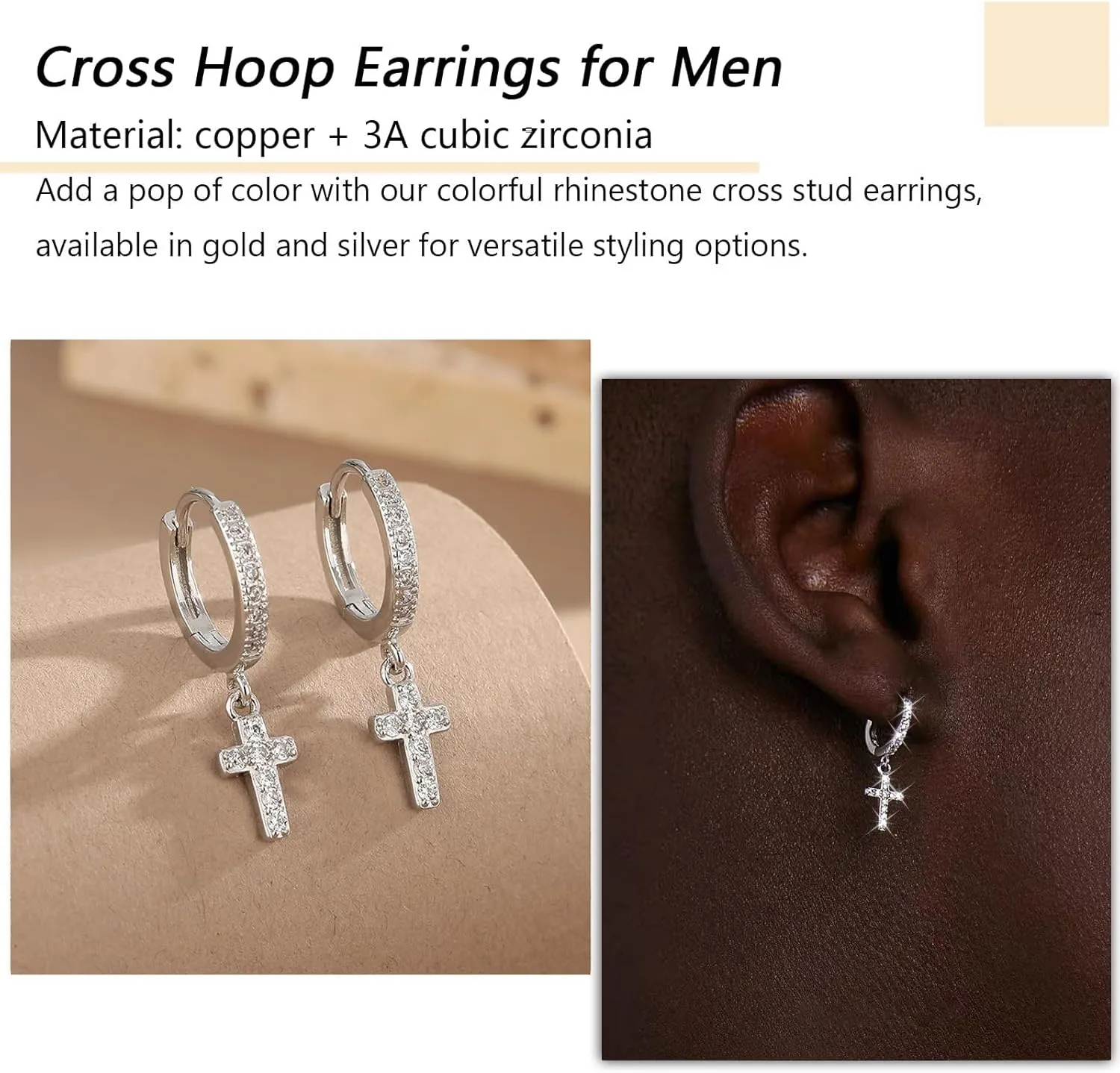18k Gold Plated Cross Hoop Earrings for Women Men - Rhinestone Gold Silver Dangle Earrings, Small Huggie Hoops, Lightweight Cross Jewelry