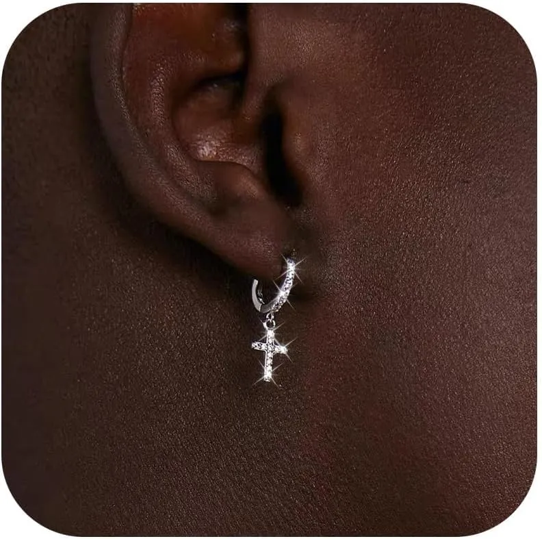 18k Gold Plated Cross Hoop Earrings for Women Men - Rhinestone Gold Silver Dangle Earrings, Small Huggie Hoops, Lightweight Cross Jewelry