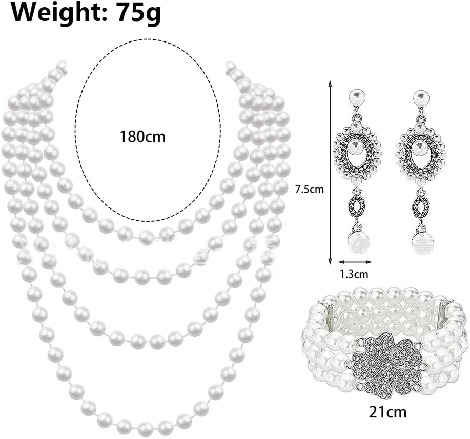1920s Rhinestone Pearl Jewelry Set for Women Multilayer Adjustable Bead Crystal Bracelet Necklace Vintage Exquisite Pearl Zircon Earrings Prom Jewelry