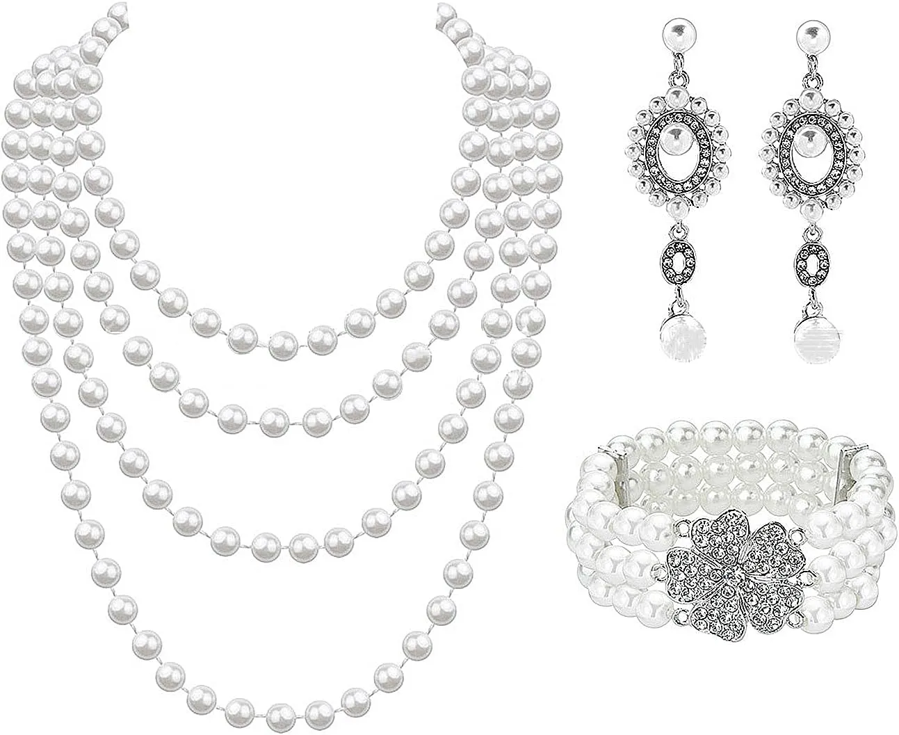 1920s Rhinestone Pearl Jewelry Set for Women Multilayer Adjustable Bead Crystal Bracelet Necklace Vintage Exquisite Pearl Zircon Earrings Prom Jewelry