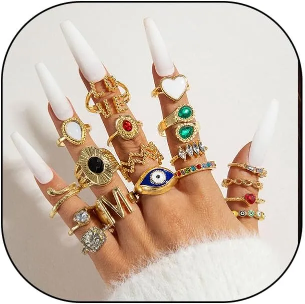 19Pcs Gold Retro Stackable Rings Sets for Women Evil Eye Knuckle Joint Finger Knuckle Nail Ring Sets Colorful Rhinestone Stacked Preppy Statement Rings Trendy Stuff Jewelry