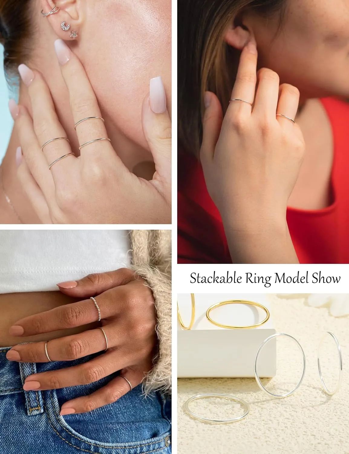1mm S925 Sterling Silver Rings for Women Non Tarnish 14K Gold Filled Thin Stackable Thumb Rings Set for Men Pinky Stacking Dainty Knuckle Band Cute Ring Jewelry Gift Comfort Fit Size 6 to 10
