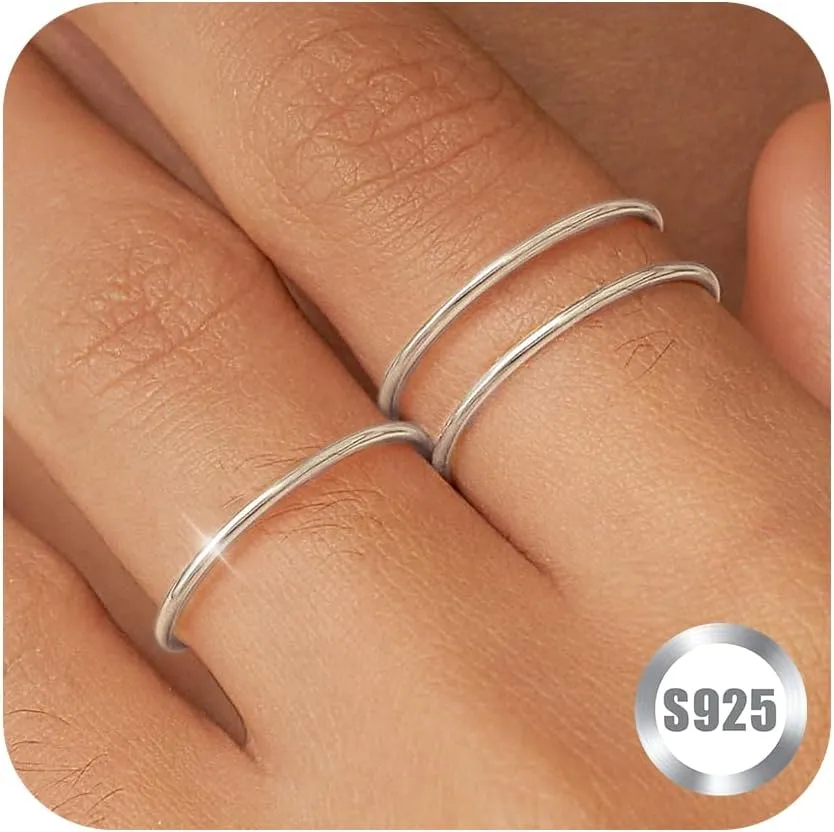 1mm S925 Sterling Silver Rings for Women Non Tarnish 14K Gold Filled Thin Stackable Thumb Rings Set for Men Pinky Stacking Dainty Knuckle Band Cute Ring Jewelry Gift Comfort Fit Size 6 to 10