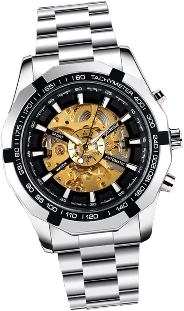 1Pc Luminous Skeleton Mechanical Watch for Men Chic Business Style Durable Automatic Wrist Watch Fashionable Band Design for Any Occasion