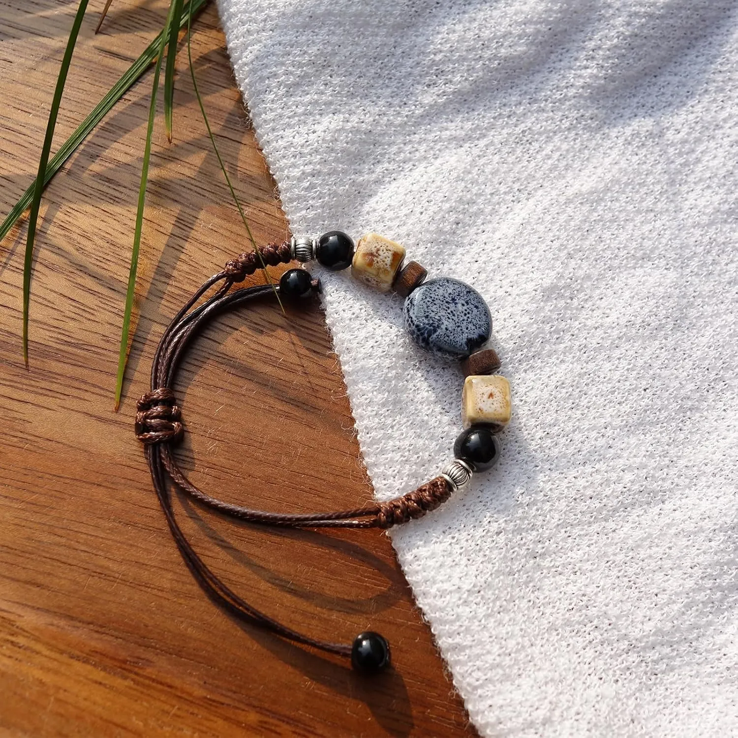 2 Handmade Green Boho Bracelets for Women, Bohemian Ceramic Beads Bracelets for Friends, Trendy Porcelain Stone Beaded Bracelets for Sisters