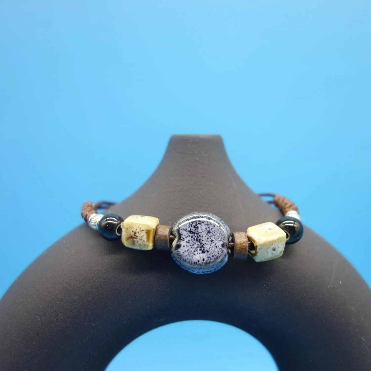 2 Handmade Green Boho Bracelets for Women, Bohemian Ceramic Beads Bracelets for Friends, Trendy Porcelain Stone Beaded Bracelets for Sisters