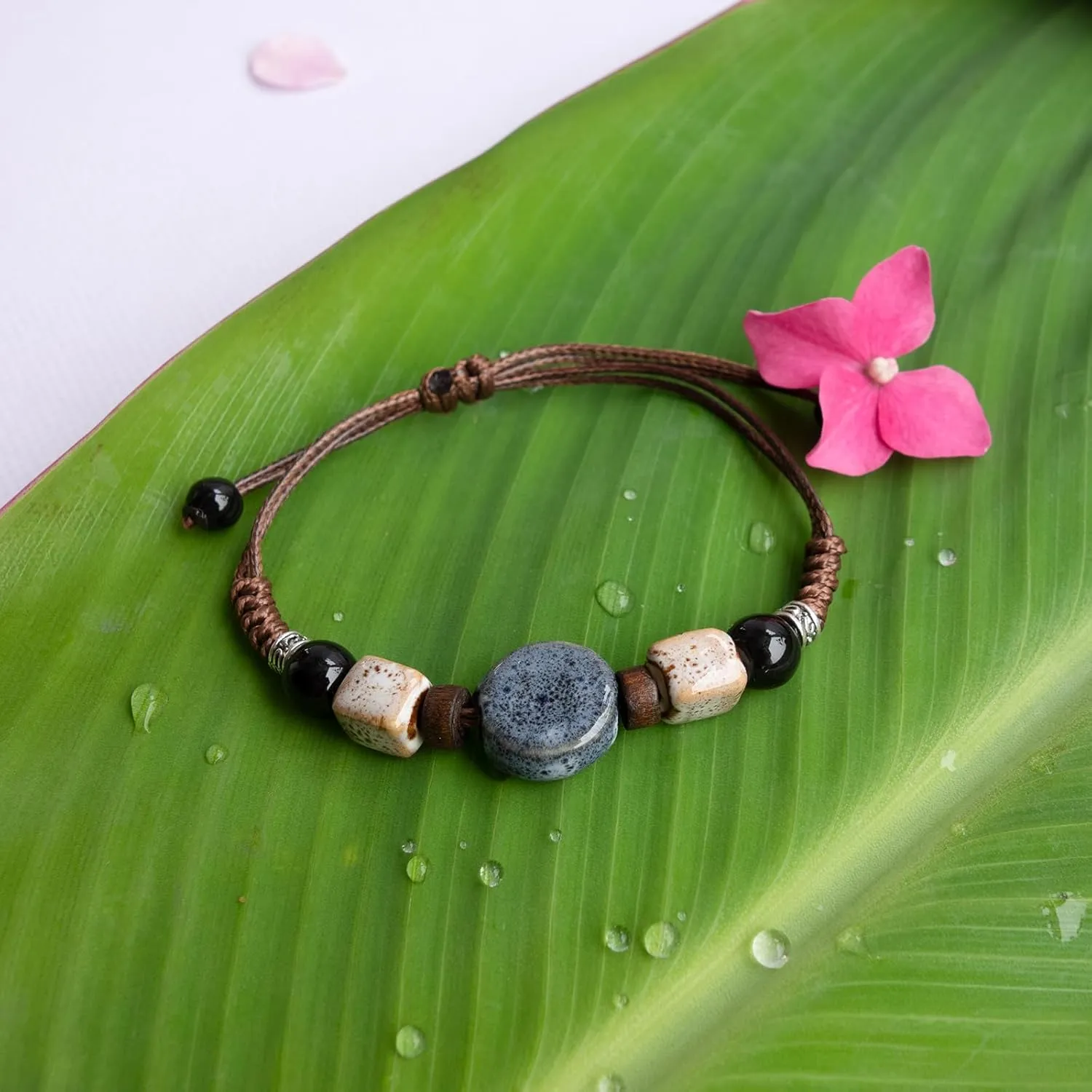 2 Handmade Green Boho Bracelets for Women, Bohemian Ceramic Beads Bracelets for Friends, Trendy Porcelain Stone Beaded Bracelets for Sisters