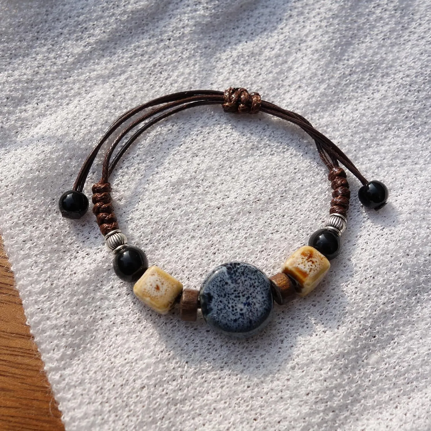 2 Handmade Green Boho Bracelets for Women, Bohemian Ceramic Beads Bracelets for Friends, Trendy Porcelain Stone Beaded Bracelets for Sisters
