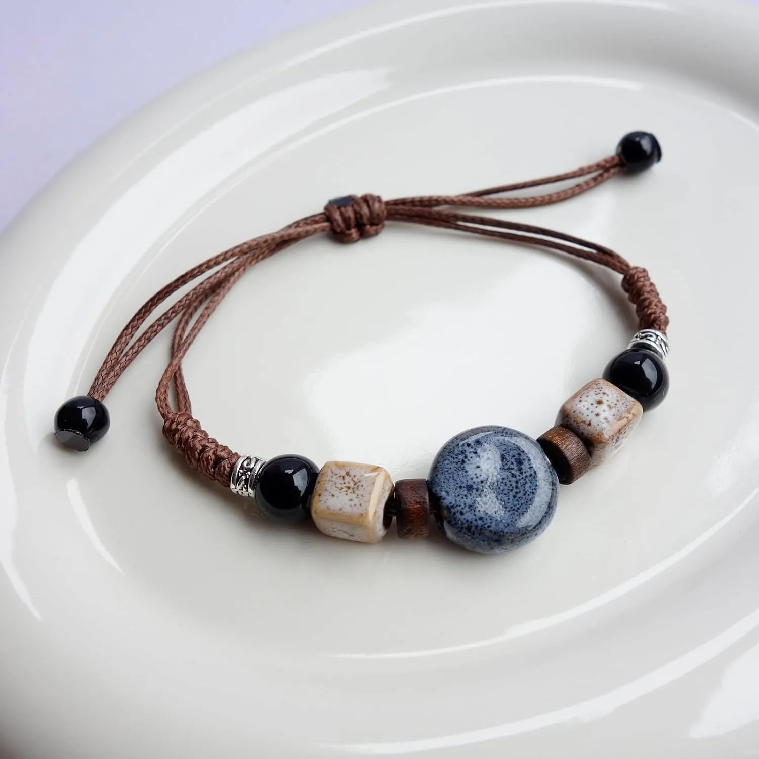 2 Handmade Green Boho Bracelets for Women, Bohemian Ceramic Beads Bracelets for Friends, Trendy Porcelain Stone Beaded Bracelets for Sisters