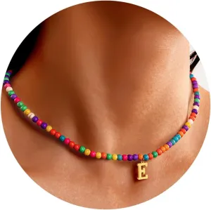 2 Initial Necklaces for Women 1 Colorful Beaded Choker 1 Gold Plated Name Letter Necklaces Cute Trendy Initial Necklace Jewelry for Gifts