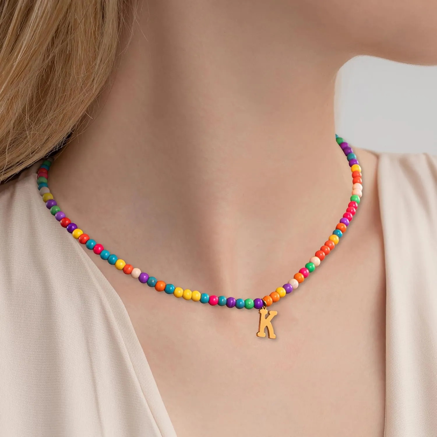 2 Initial Necklaces for Women 1 Colorful Beaded Choker 1 Gold Plated Name Letter Necklaces Cute Trendy Initial Necklace Jewelry for Gifts