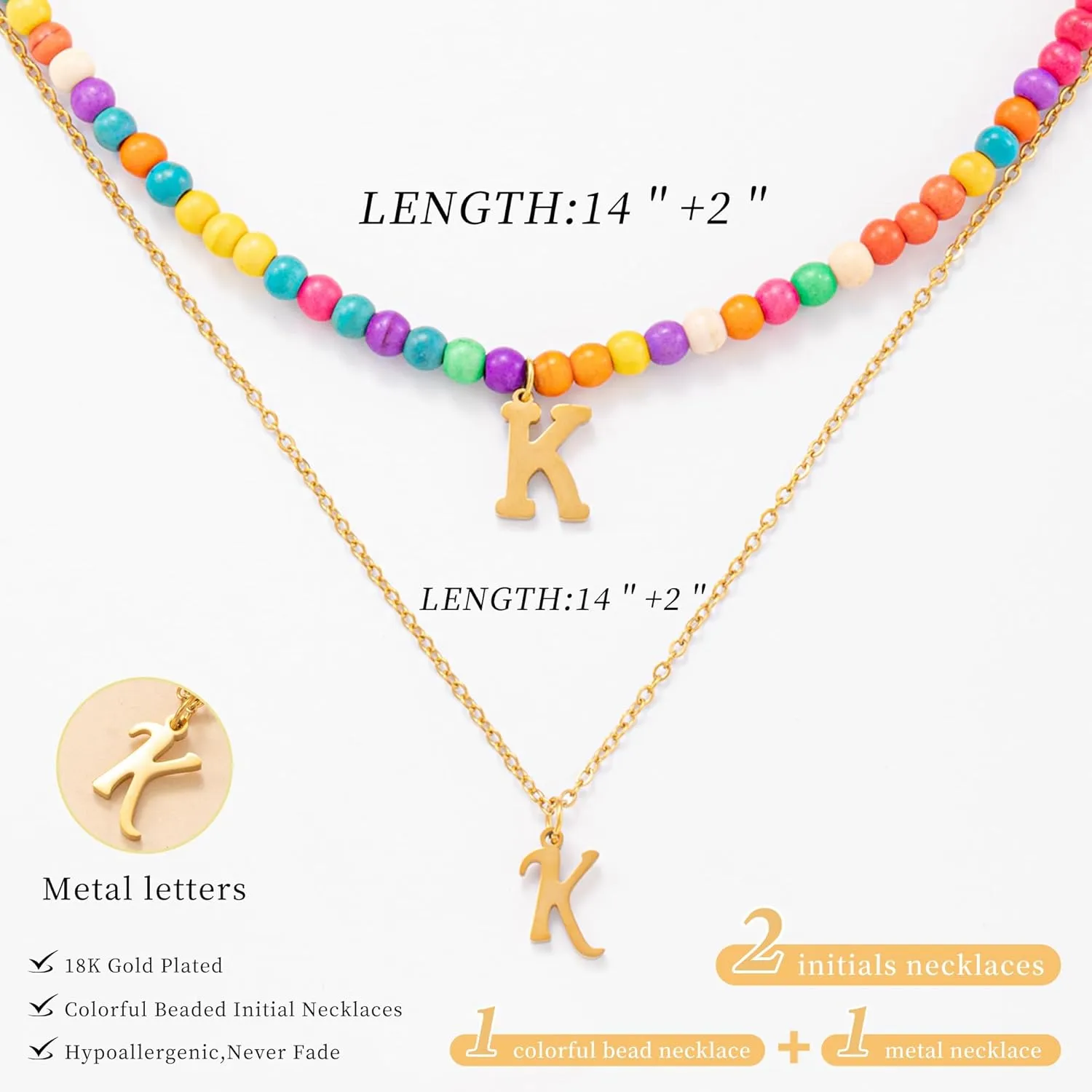 2 Initial Necklaces for Women 1 Colorful Beaded Choker 1 Gold Plated Name Letter Necklaces Cute Trendy Initial Necklace Jewelry for Gifts