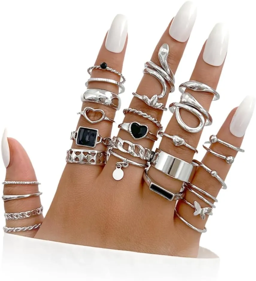 27Pcs Plated Gold Stacked Rings Sets for Women,Personality Dripping Oil Snake Finger Joint Rings,Punk Exaggerated Chunky Geometric Jewelry Gifts