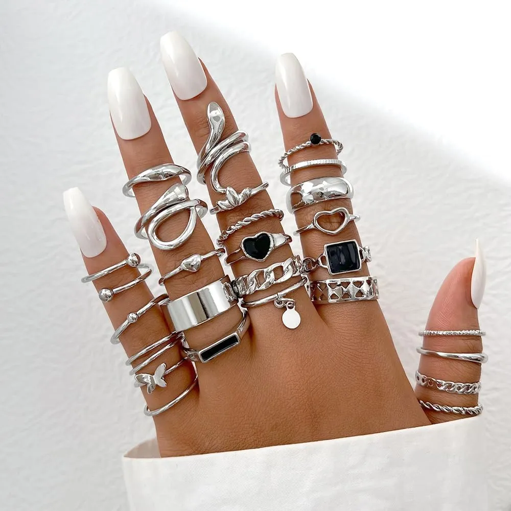 27Pcs Plated Gold Stacked Rings Sets for Women,Personality Dripping Oil Snake Finger Joint Rings,Punk Exaggerated Chunky Geometric Jewelry Gifts