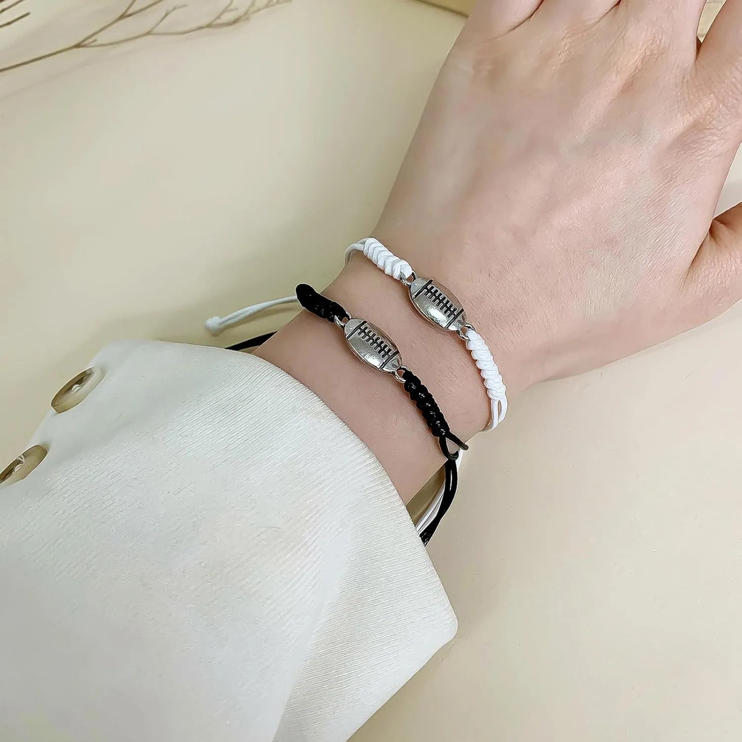 2Pcs BFF Bracelets for 2 Soccer Friendship Bracelets for Men Matching Football Bracelets Rugby Best Friend Bracelet White Black String Bracelet Basketball Bracelet