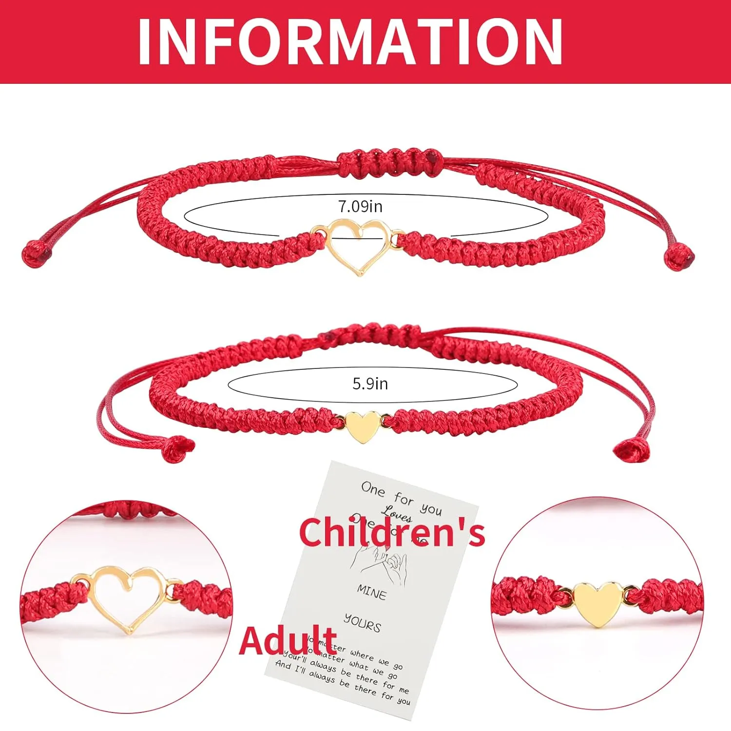 2pcs Mother and Daughter Matching Heart Bracelets Set Handmade Woven Bracelets Adjustable Rope Bracelets for Teen Girls Boy Mom Birthday Gifts (red)