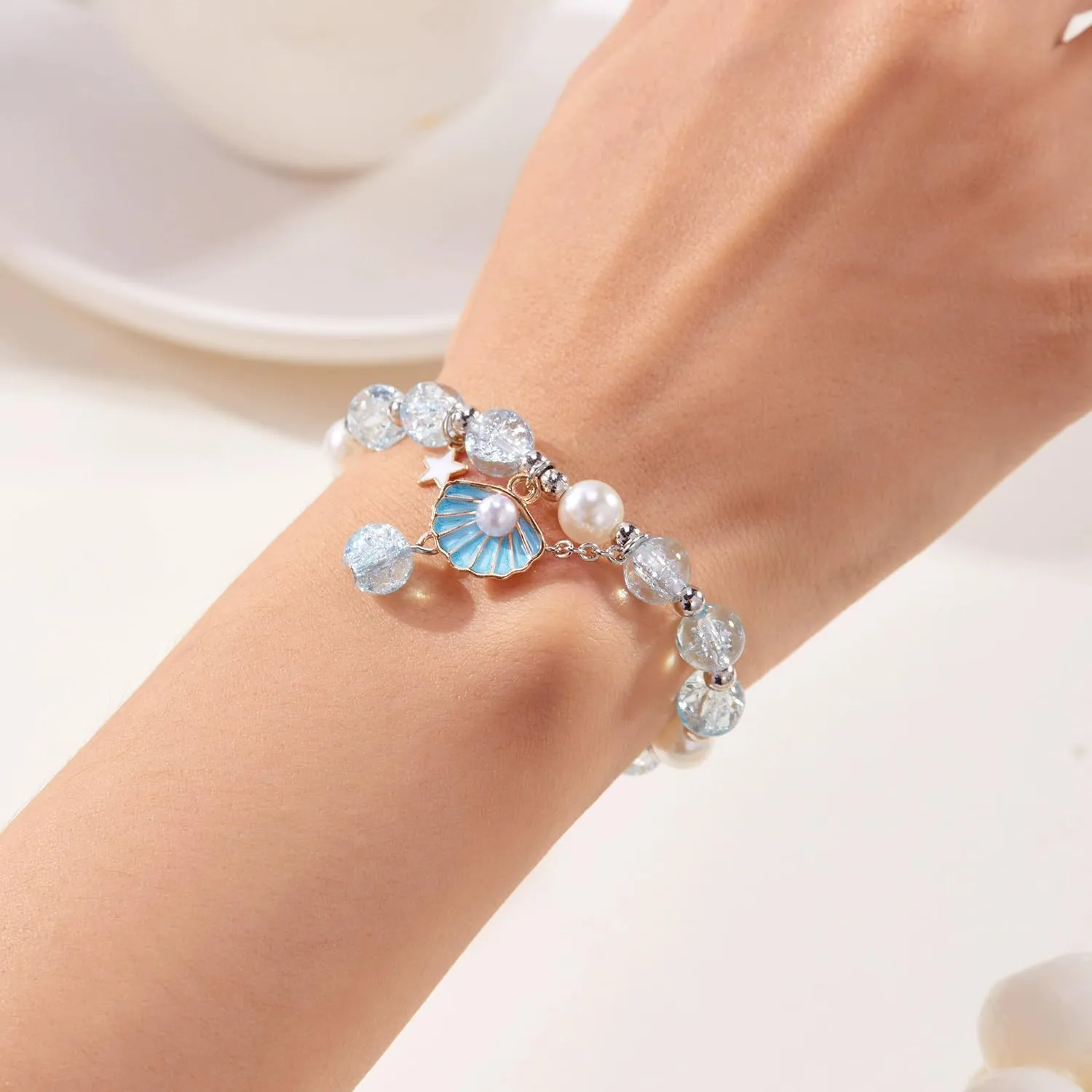 2Pcs Sea Shell Starfish Bracelets Bohemian Shell Jewelry Handmade Braided Beaded Pearls Charm Bracelet Summer Beach Holiday Accessory Decoration