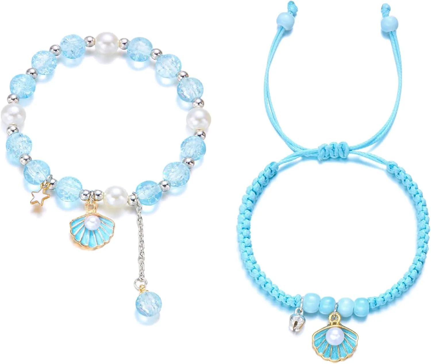 2Pcs Sea Shell Starfish Bracelets Bohemian Shell Jewelry Handmade Braided Beaded Pearls Charm Bracelet Summer Beach Holiday Accessory Decoration