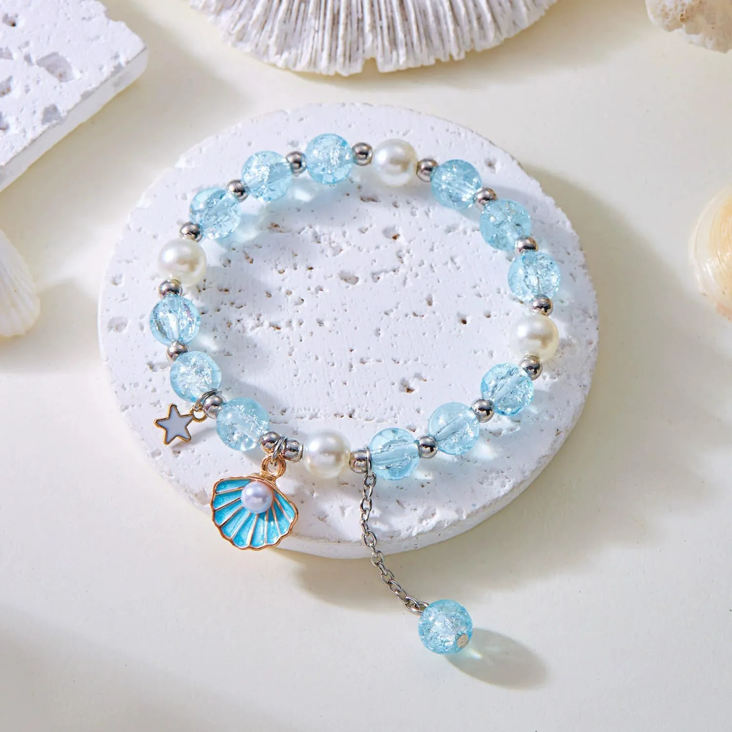 2Pcs Sea Shell Starfish Bracelets Bohemian Shell Jewelry Handmade Braided Beaded Pearls Charm Bracelet Summer Beach Holiday Accessory Decoration