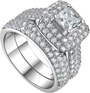 2pcs Set Couple Princess Square Diamond Set Ring Fashion Luxury Engagement Wedding Jewelry For Women Bohemian