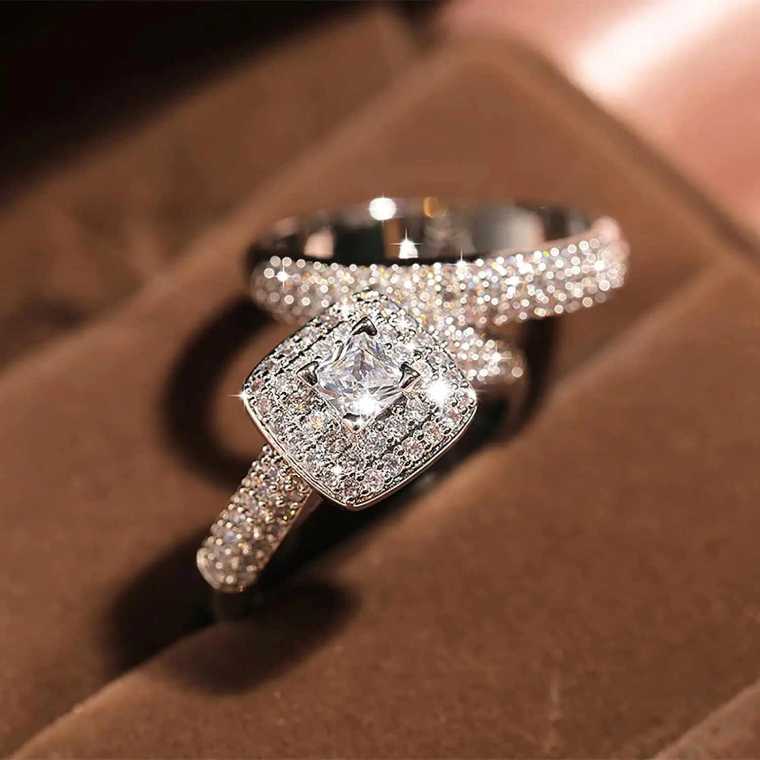 2pcs Set Couple Princess Square Diamond Set Ring Fashion Luxury Engagement Wedding Jewelry For Women Bohemian