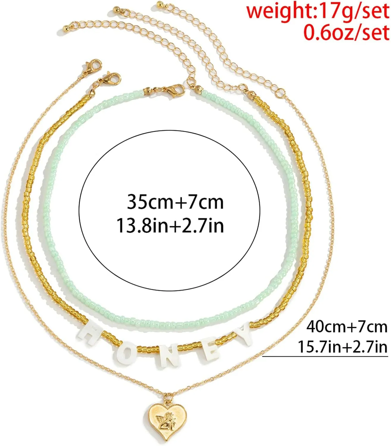 3 Layer Necklace Sets for Women, Beaded Chain Heart Pendant Layered Gold Necklace Initial