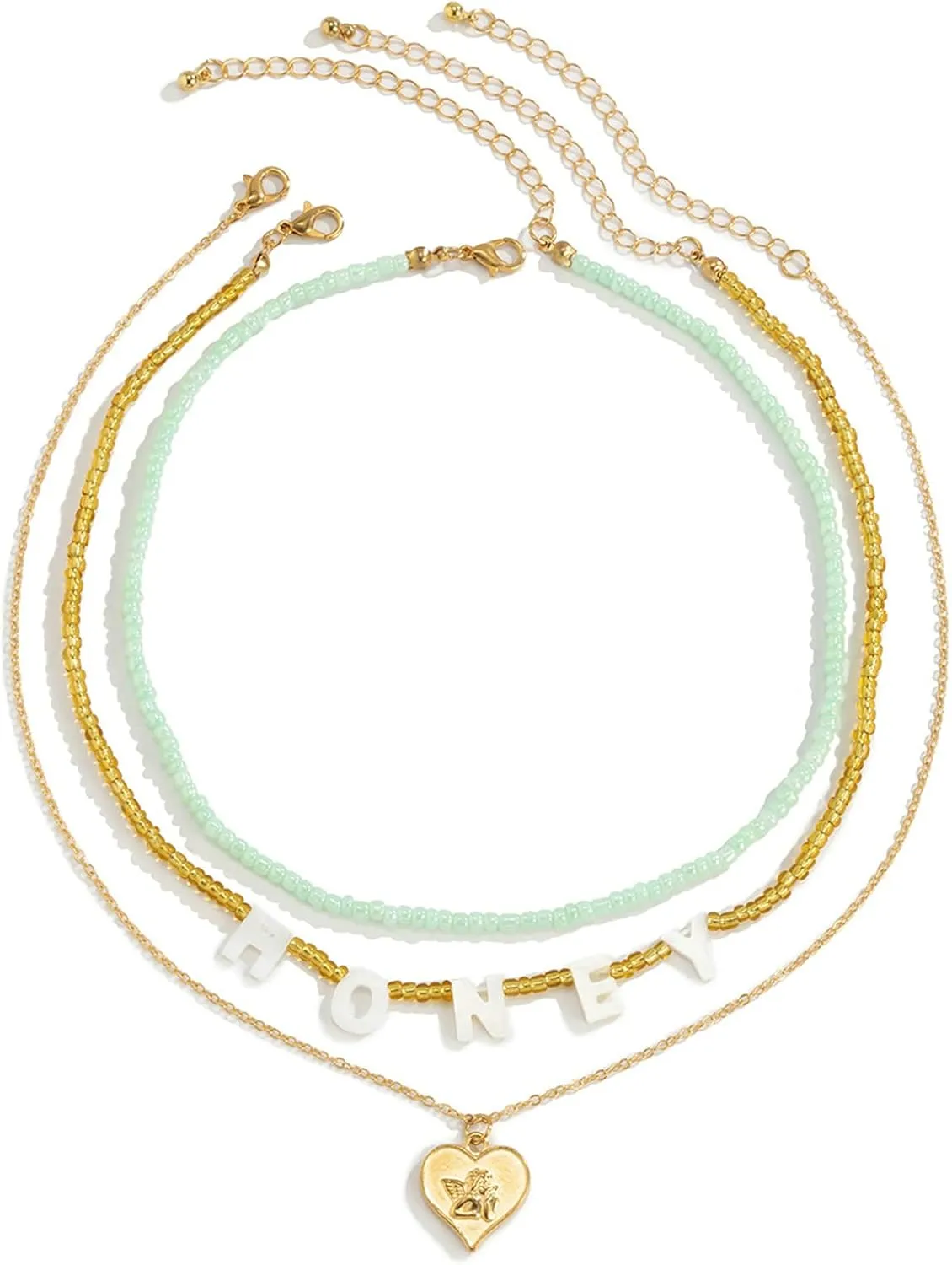 3 Layer Necklace Sets for Women, Beaded Chain Heart Pendant Layered Gold Necklace Initial