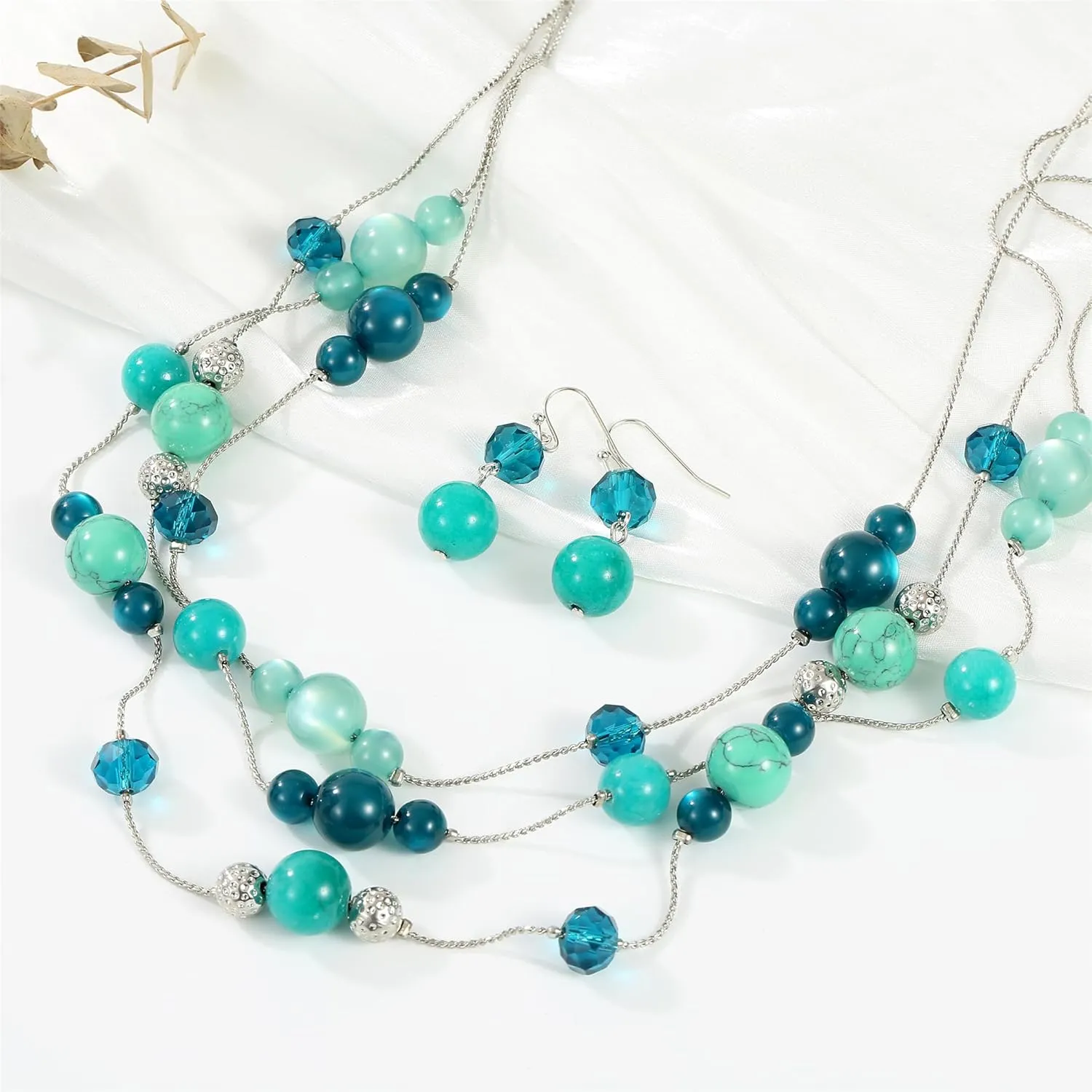 3 Layered Handmade Beads Necklaces 18-23 Dainty Chain Illusion Statement Necklaces Set Multi Color Boho Choker Necklace and Earrings Set Gifts