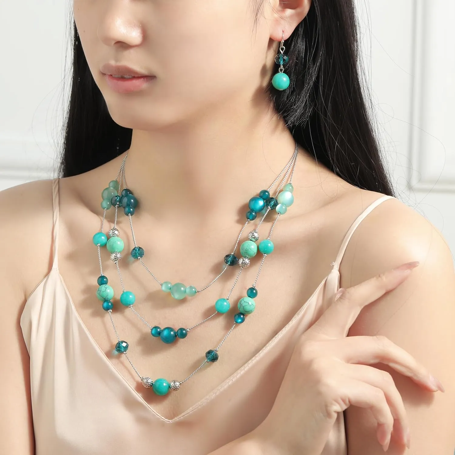 3 Layered Handmade Beads Necklaces 18-23 Dainty Chain Illusion Statement Necklaces Set Multi Color Boho Choker Necklace and Earrings Set Gifts