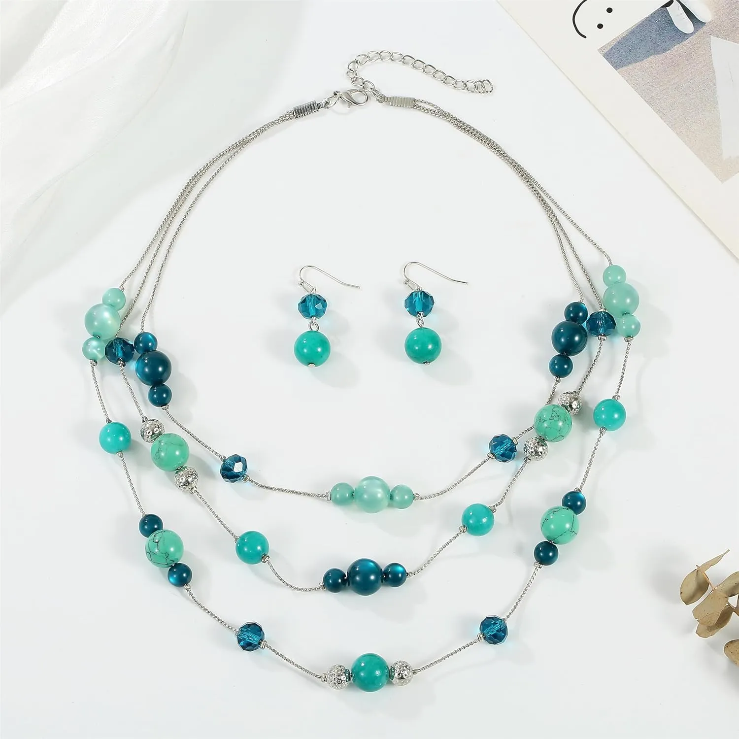 3 Layered Handmade Beads Necklaces 18-23 Dainty Chain Illusion Statement Necklaces Set Multi Color Boho Choker Necklace and Earrings Set Gifts