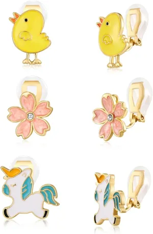 3 Pairs Kids Clip On Earrings Set for Girls Bow Earrings Cartoon Unicorn Clip Earrings Pink Mermaid Clip-On Earrings Cute Kids Non-Pierced Earrings Set