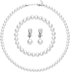3 Pcs 1920s Faux Pearl Strand Costume Jewelry Sets Simulated Pearl Necklace Bracelet Earrings for Women