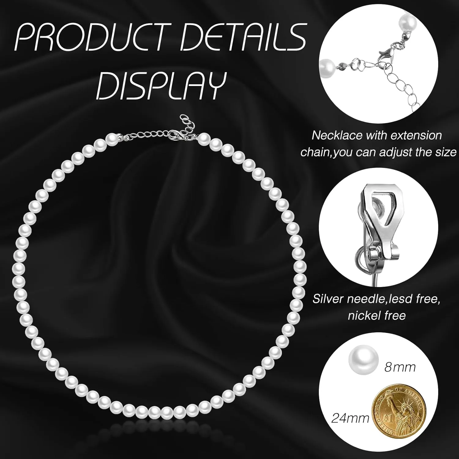 3 Pcs 1920s Faux Pearl Strand Costume Jewelry Sets Simulated Pearl Necklace Bracelet Earrings for Women