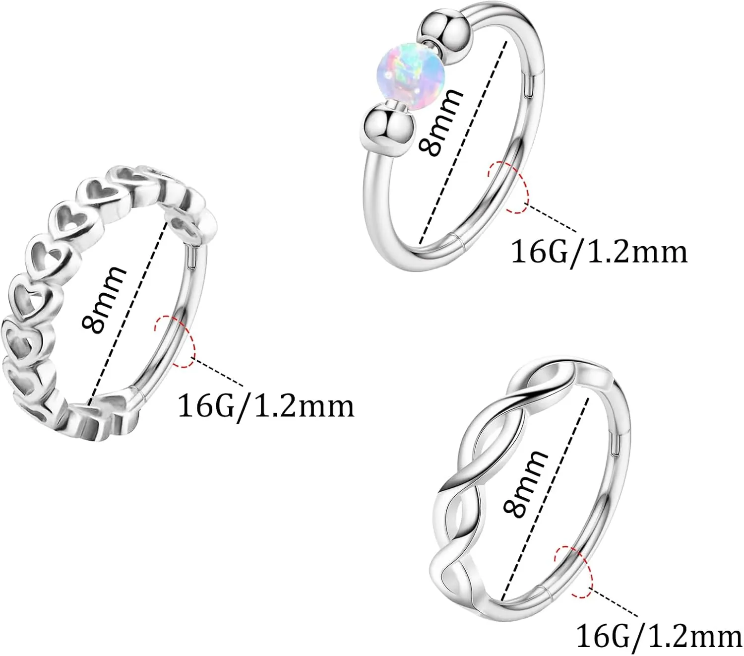 3 Pcs Nose Rings Hoops for Women 316L Surgical Steel Opal Septum Rings 16G Hinged Nose Piercings Jewelry Cartilage Earring Helix Rook Tragus Daith 8mm