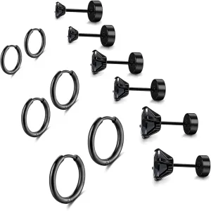 316L Surgical Stainless Steel Black Hoop Earrings Flat Back Stud Earrings Set Huggie Hypoallergenic Earrings Hoop Cartilage Helix Lobes Hinged Sleeper Earrings For Men Women