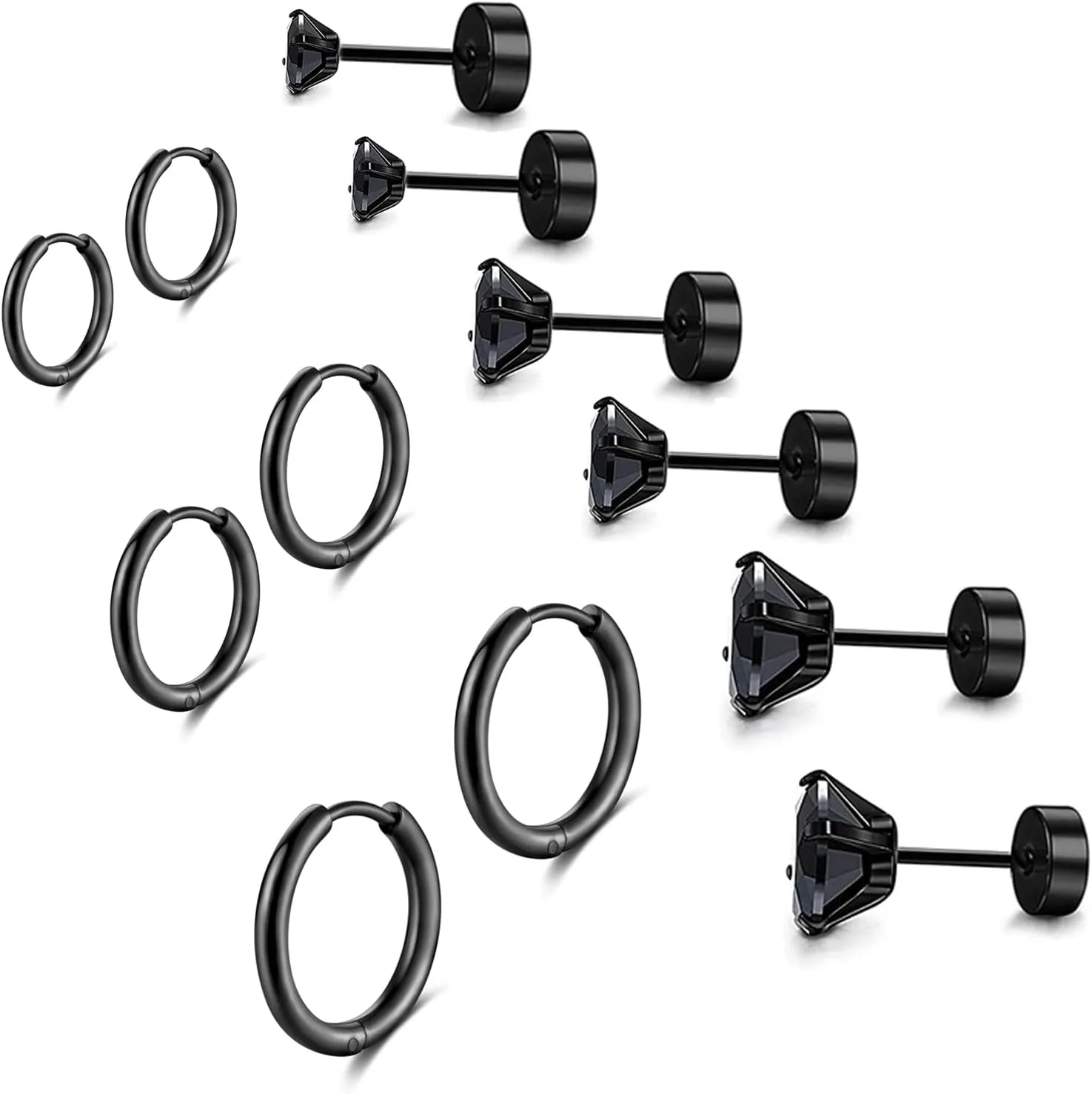 316L Surgical Stainless Steel Black Hoop Earrings Flat Back Stud Earrings Set Huggie Hypoallergenic Earrings Hoop Cartilage Helix Lobes Hinged Sleeper Earrings For Men Women